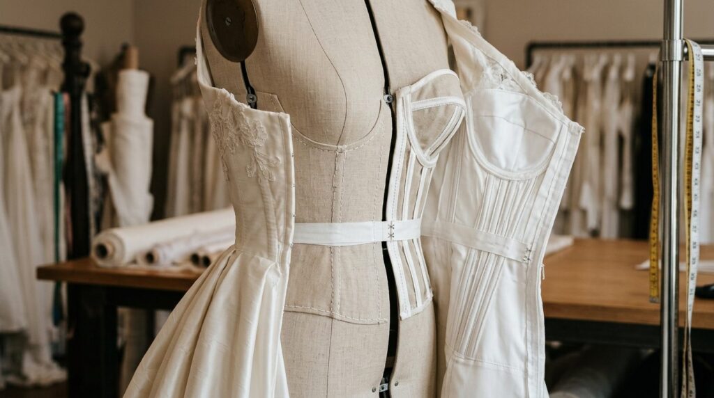 Close-up professional fashion detail shot of bridal gown sea
