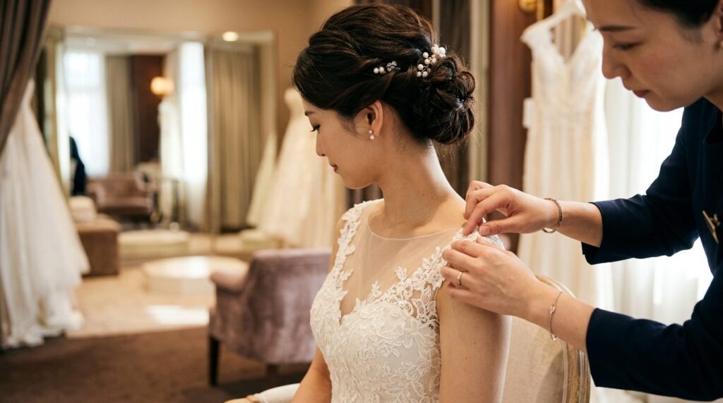 Close-up fashion photography of a bridal consultants hands