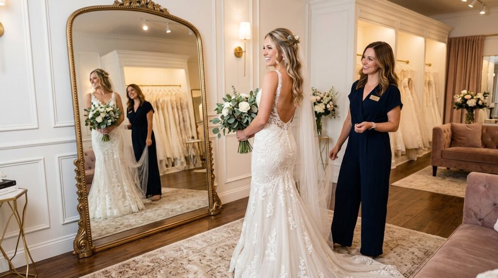 Lifestyle photography of a bride standing confidently in fro