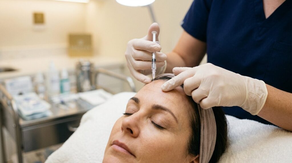 Close-up detail of a botox injection procedure: A skilled pr