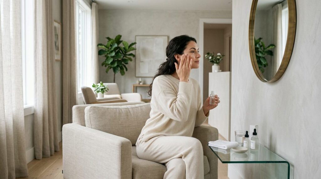 Post-treatment comfort scene: A woman in a chic, minimalist 