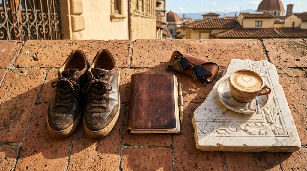 Overhead flat lay photography of a travelers essentials arr