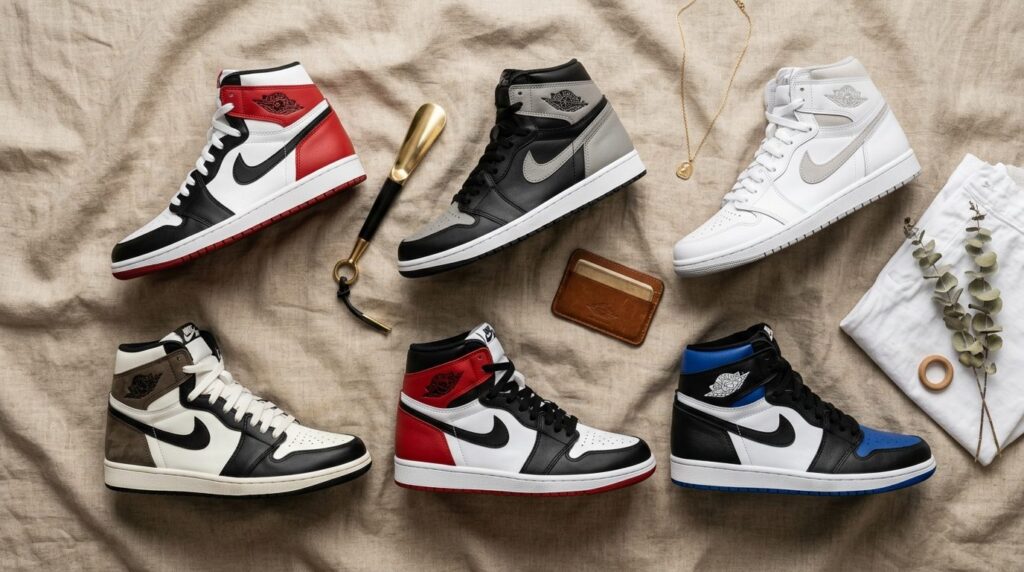 Flat lay fashion lifestyle photograph of multiple Air Jordan