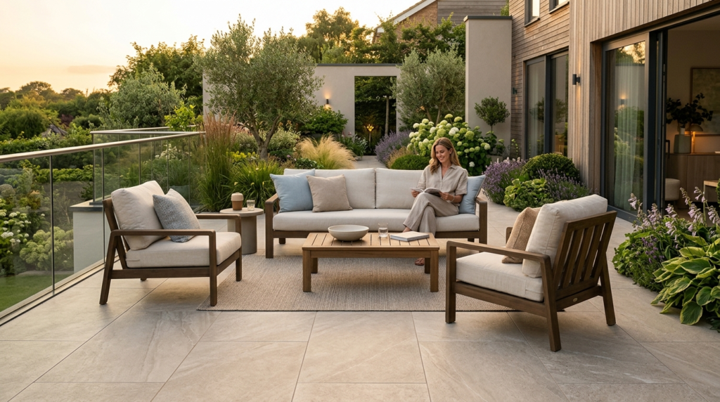 Serene modern outdoor living space with comfortable lounge s