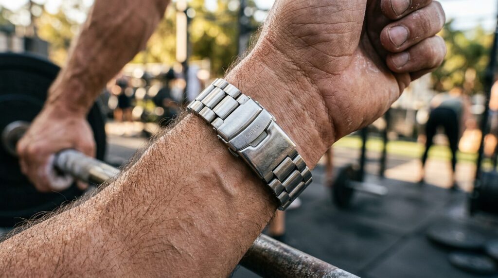 Close-up macro photography of a mans wrist wearing a stainl
