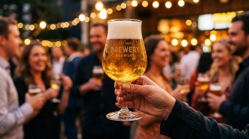 Close-up detail shot of a premium beer glass being held at a