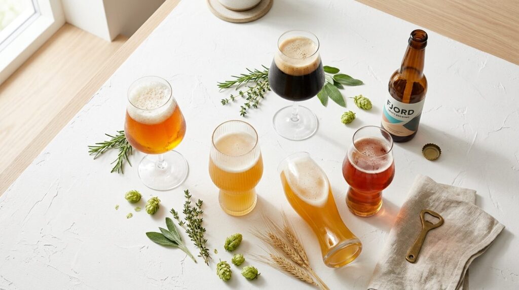 Overhead flat lay of various decorative beer glasses on a mi