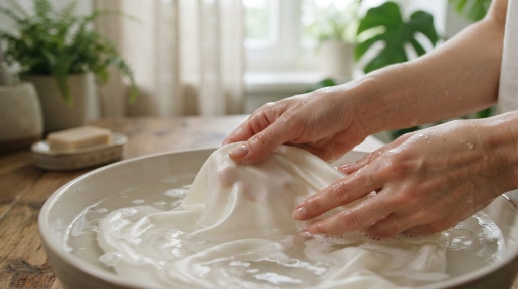 Close-up detail shot of hands gently washing delicate bamboo