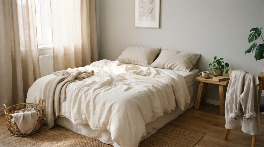 Serene bedroom wellness scene featuring freshly laundered ba