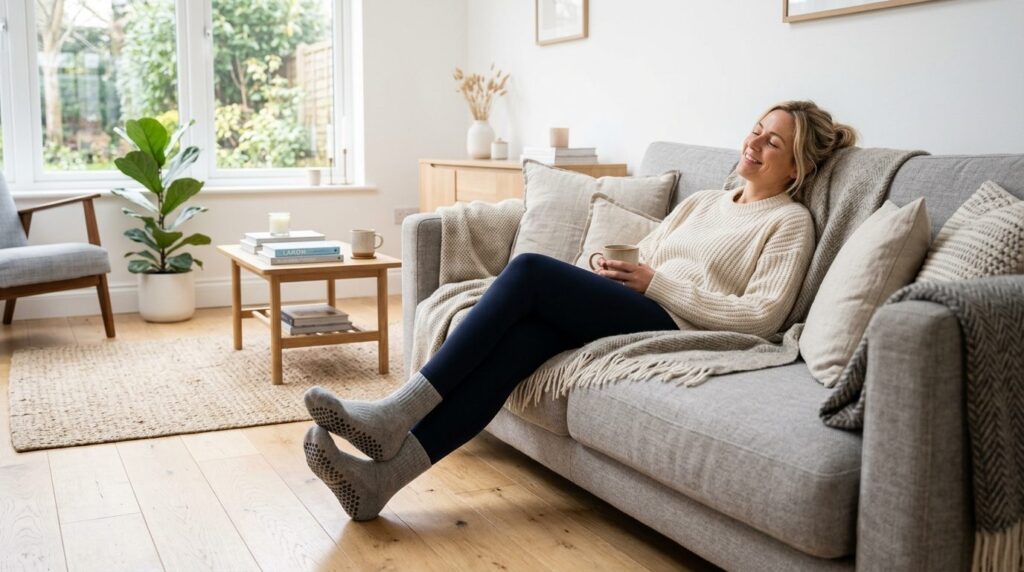 Person i skridsikre sokker sidder afslappet på grå sofa hjemme.