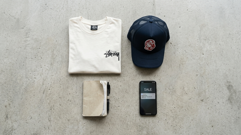 Flat lay overhead shot of streetwear essentials arranged nea